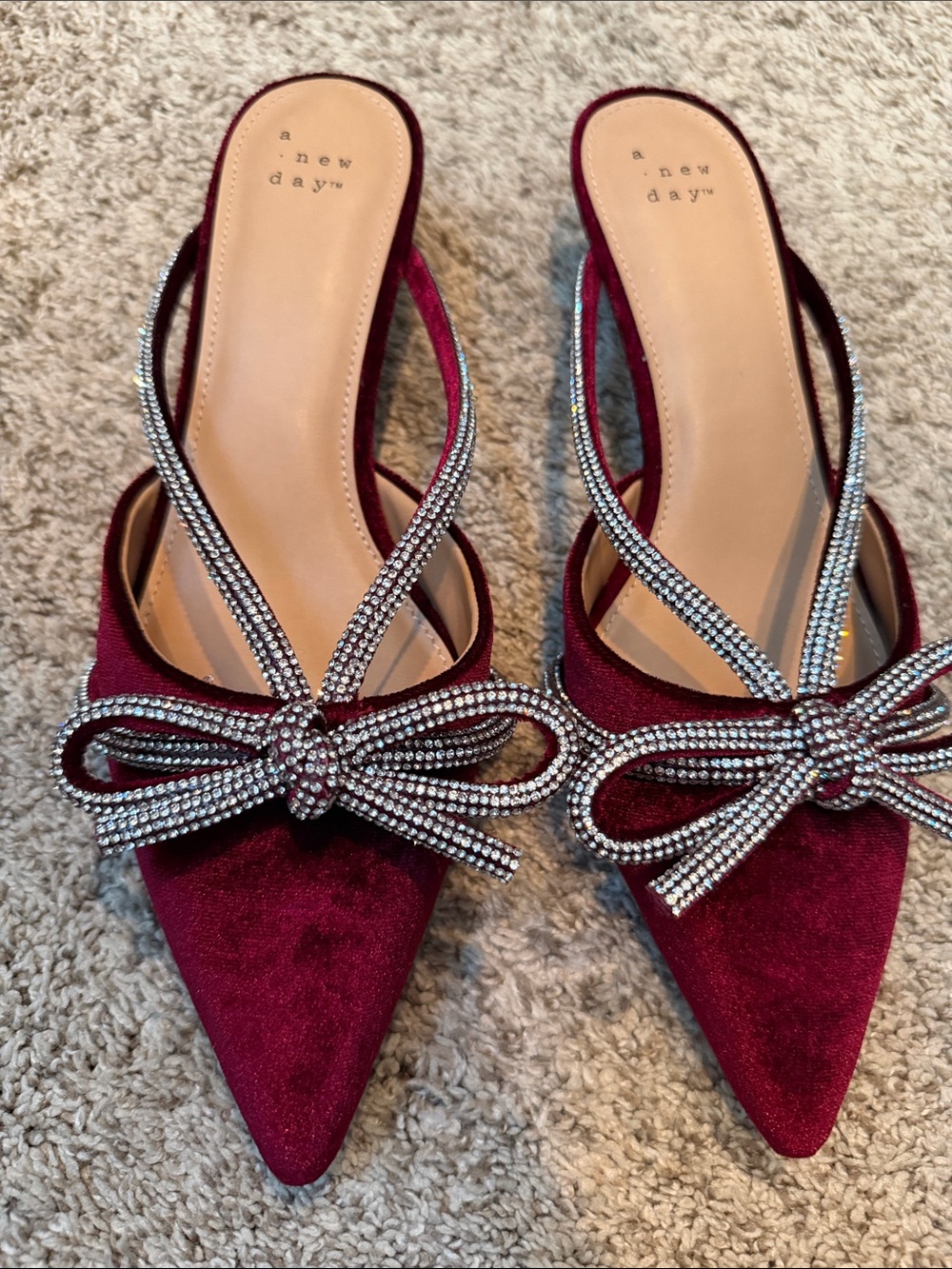a new day Burgundy Velvet Pointed-Toe Slingback Mules with Rhinestone Bow, NWOT